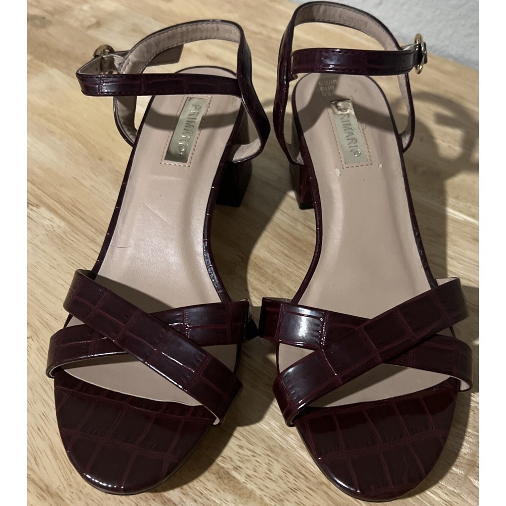 Primary MAROON Strappy Patterned Block Heel SIZE US7